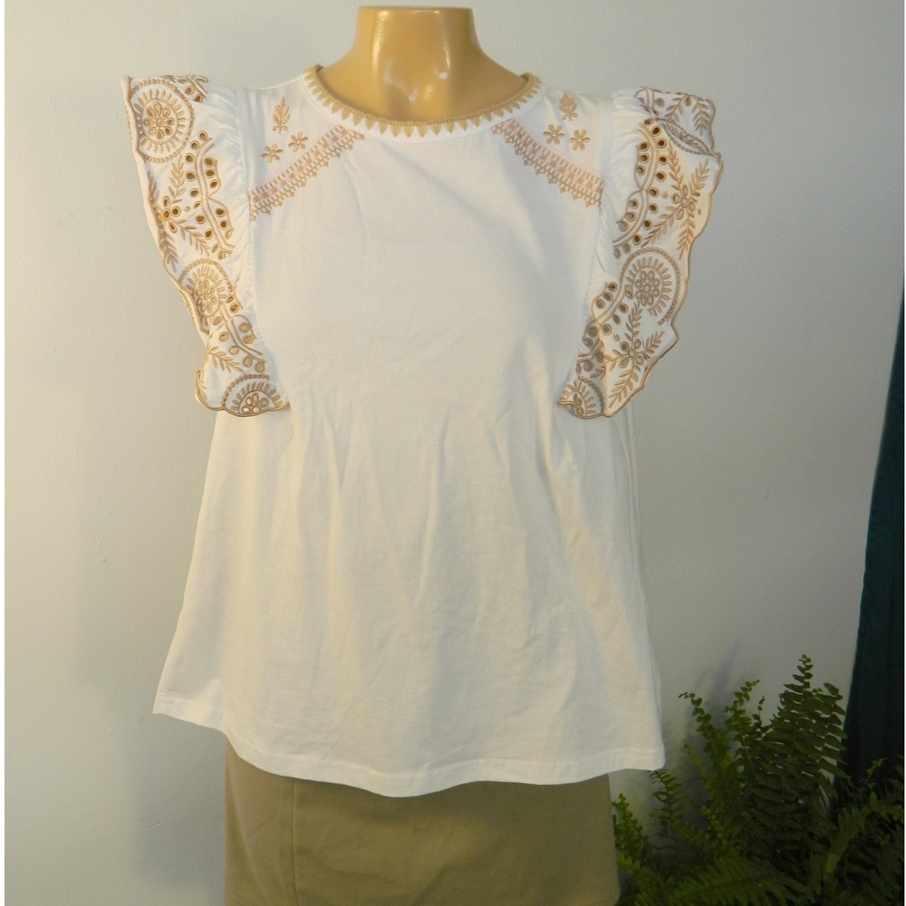Easel Embroidered Flutter Sleeve Top Women Small White Tan Boho Eyelet Cotton